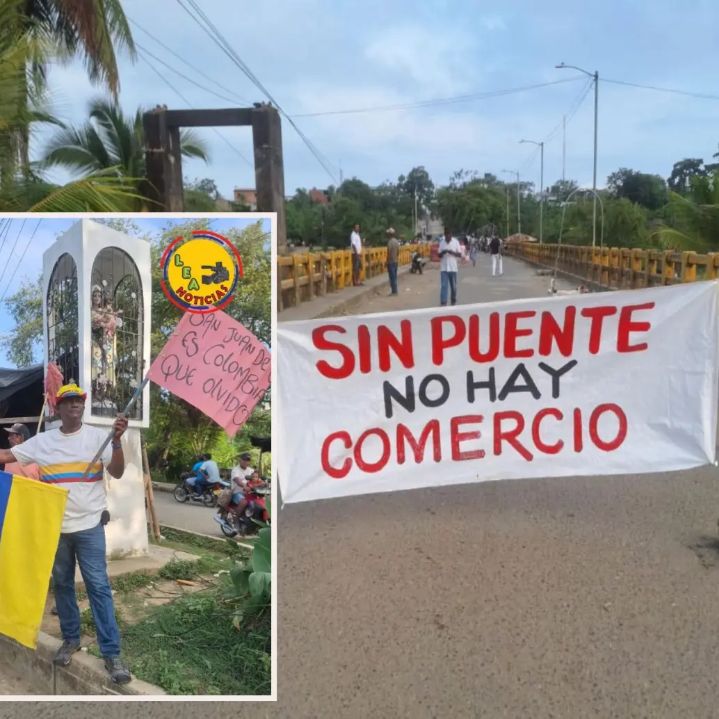 Manifestaciones sobre el puente del río San Juan en Urabá. FOTO: imagen tomada del portal Lea Noticias