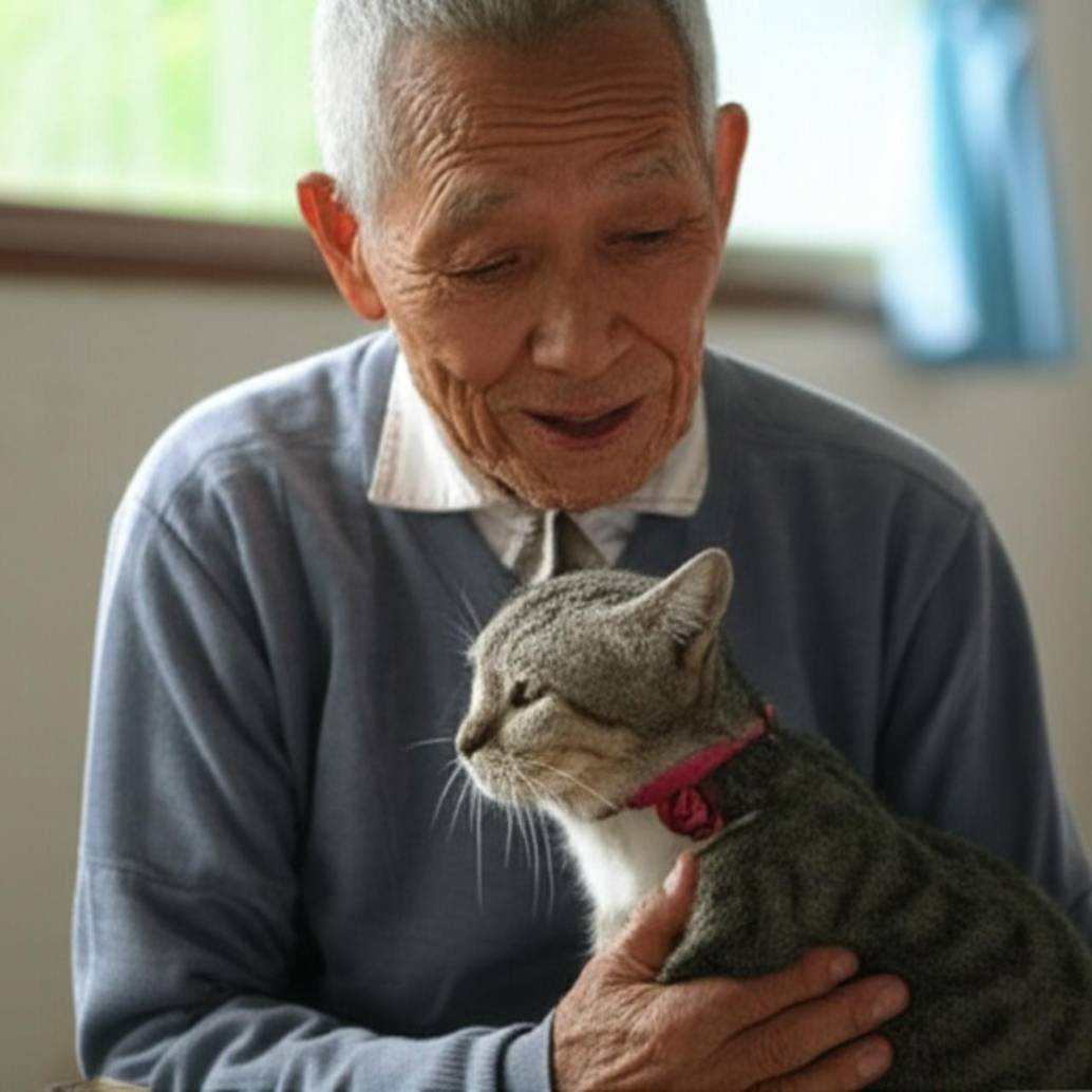 Imagen de referencia de un adulto mayor chino con una gata en sus brazos. FOTO: Generada con IA