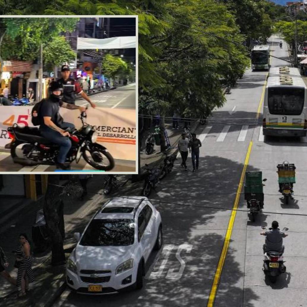 Adelante, peatonalización de la carrera 45 en Manrique. Atrás, invasión del carril del Metroplús por parte de conductores. Foto: Manuel Saldarriaga Quintero e imagen tomada de redes.