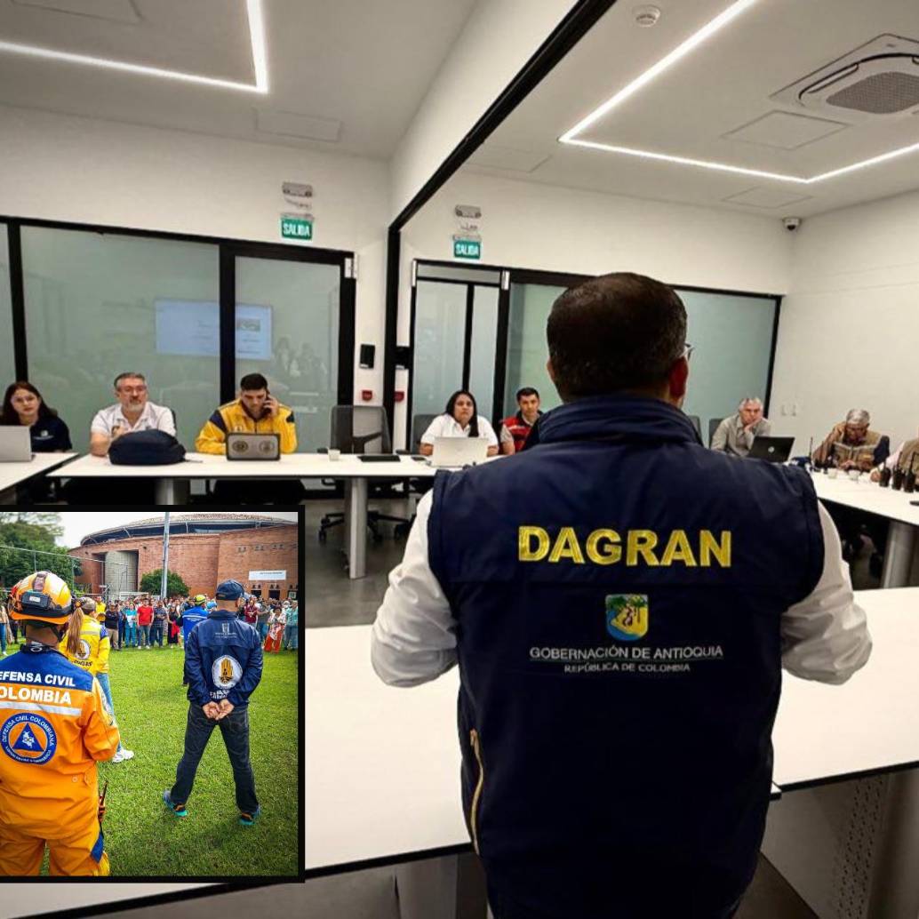 Adelante, simulacro en Medellín. Atrás, análisis de la situación en la Gobernación de Antioquia. FOTO: Cortesía Dagran y Alcaldía de Medellín