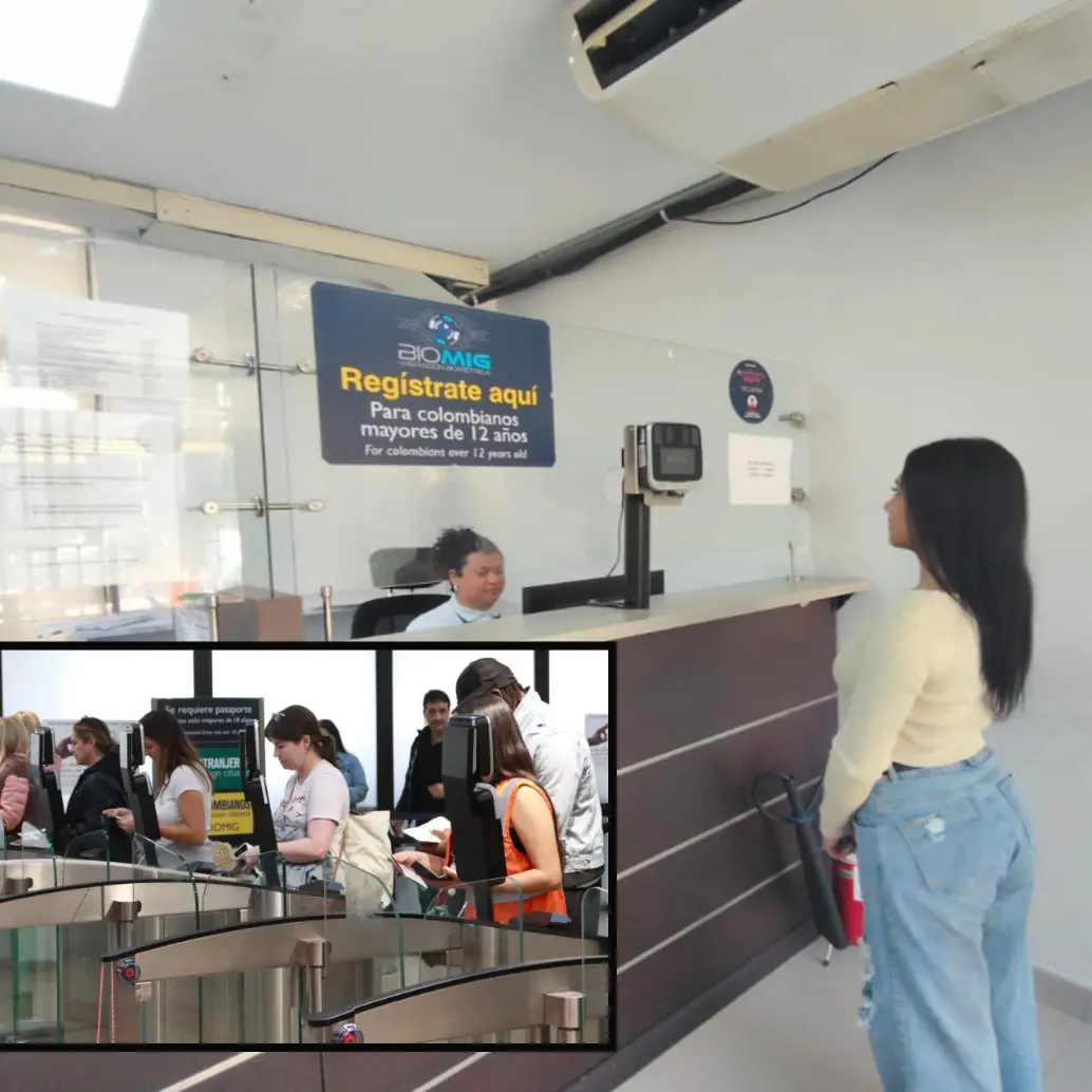 Atrás, usuaria haciendo el registro de Biomic en sede de Migración. Adelante, pasajeros usando las máquinas biométricas del aeropuerto José María Córdova. FOTO: Cortesía