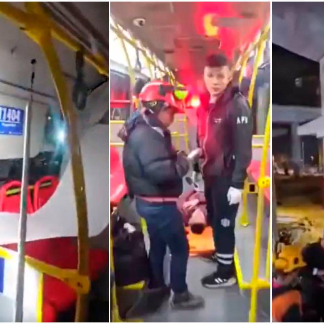 Momentos en medio de la emergencia en un bus de TrasnMilenio impactado por una maquinaria de las obras del metro de Bogotá. FOTOS: Captura de video