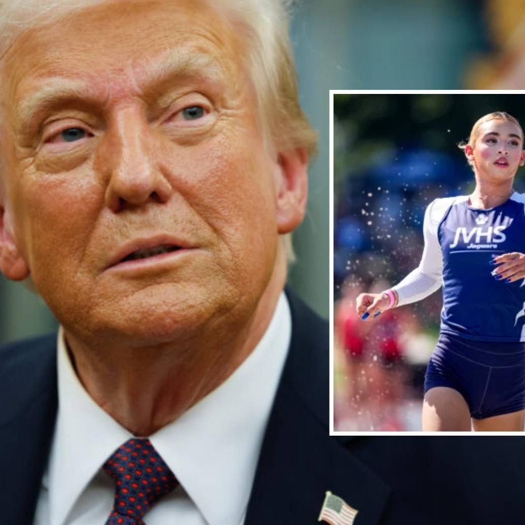 El presidente de Estados Unidos, Donald Trump, y AB Hernández, deportista oriunda de Jurupa Valley, compitiendo de forma oficial el pasado 30 de mayo de 2025 en Clovis, California. FOTO: GETTY