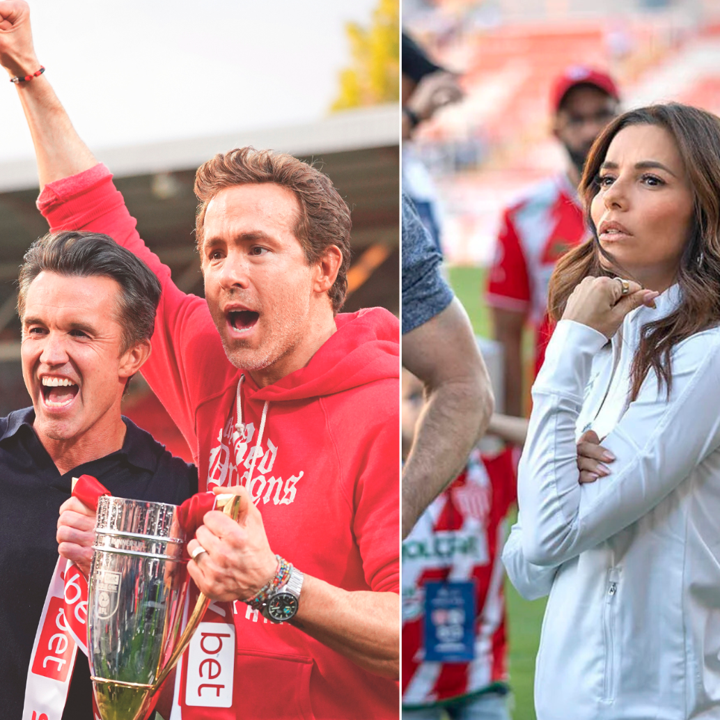 Rob McElhenney y Ryan Reynolds son los dueños del Wrexham y Eva Longora invirtió en el Necaxa de México. FOTO getty