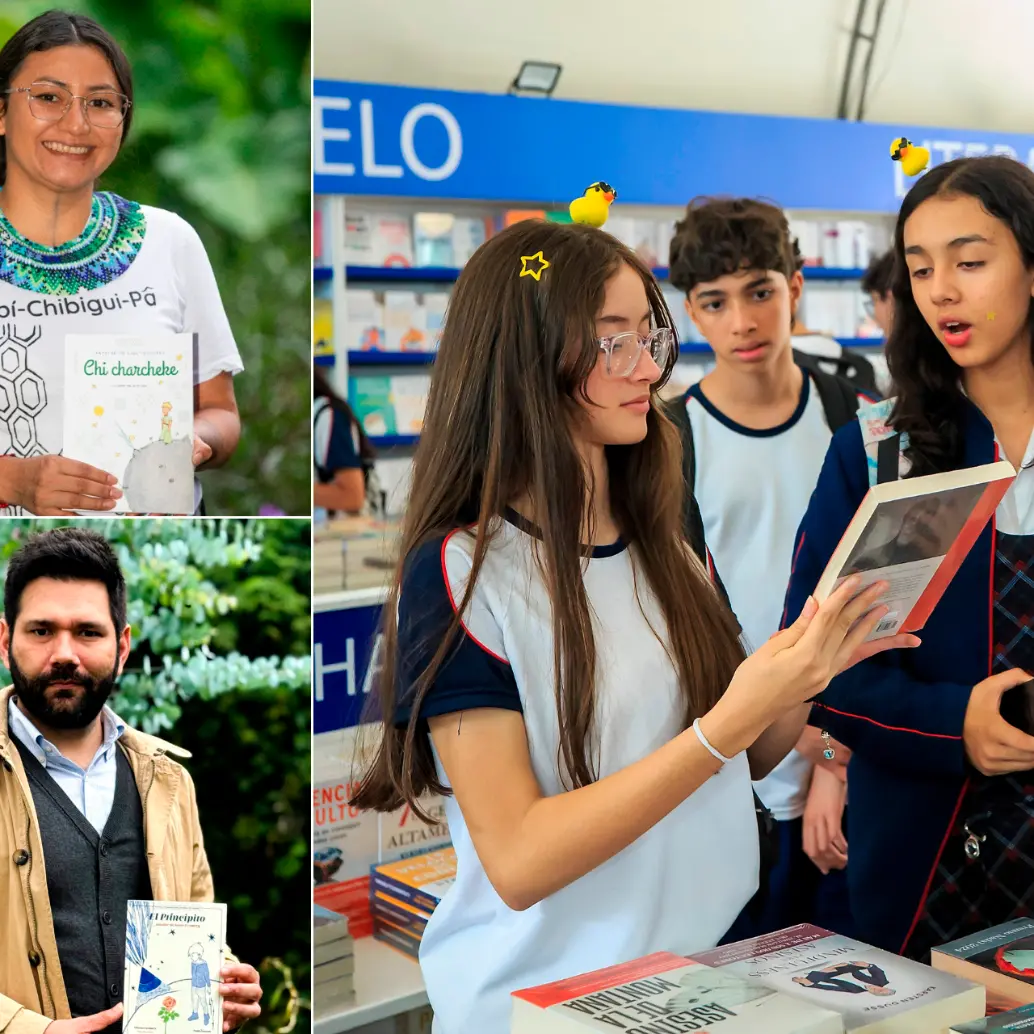 Arriba a la izquierda Lida Yagarí, abajo Pablo Cuartas, traductores de <i>El Principito</i>. Al lado asistentes a la edición de la Fiesta este año. Fotos EL COLOMBIANO.