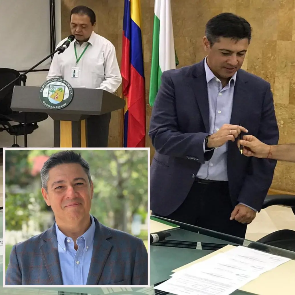 Adelante, el exgerente Uriel Sanchez Zuluaga. Atrás, el día de su posesión como gerente de Teleantioquia. Foto: imágenes tomadas de redes.