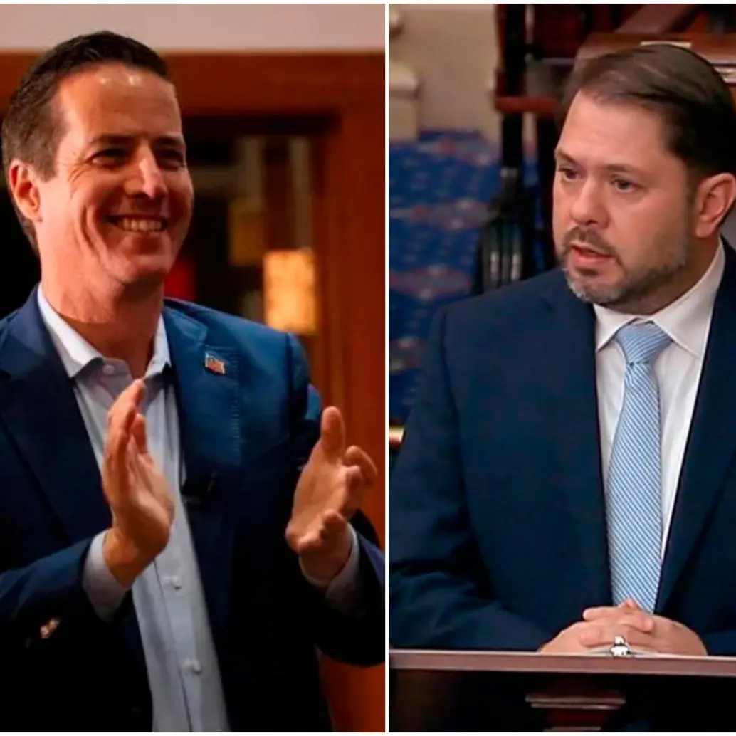 Los senadores estadounidenses de origen colombiano Bernie Moreno (republicano) y Rubén Gallego (demócrata). FOTOS: Tomadas de AFP y X @SenRubenGallego 