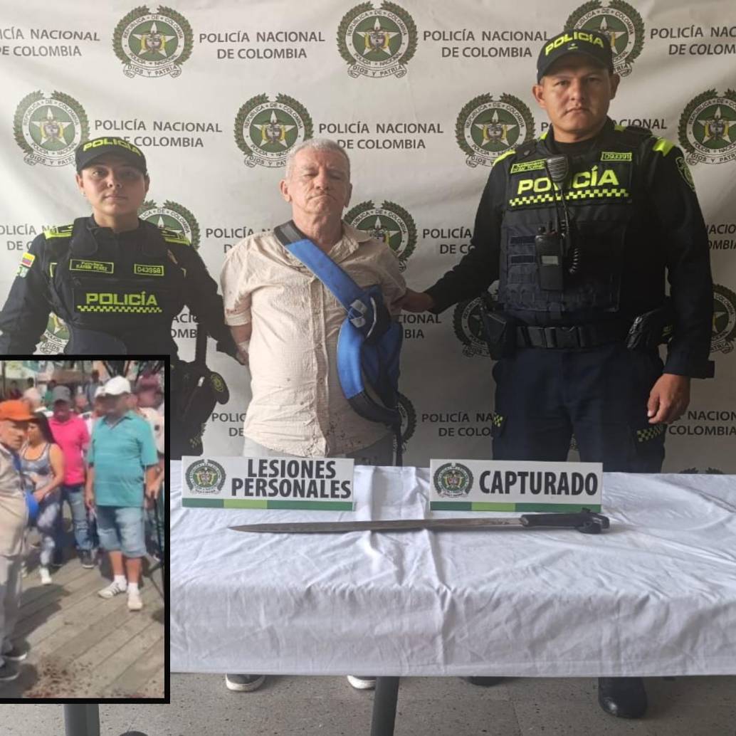 Adelante, detención del hombre en el Parque de Itagüí. Atrás, la reseña policial. FOTO: Cortesía