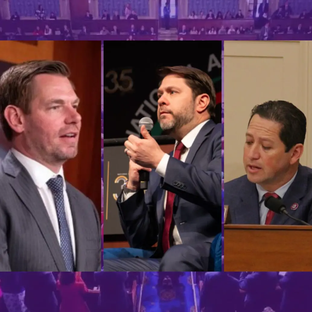 De izquierda a derecha: El demócrata Eric Swalwell, el colombiano Rubén Gallego y el republicano Tony Gonzales. FOTOS: REDES SOCIALES Y AFP.