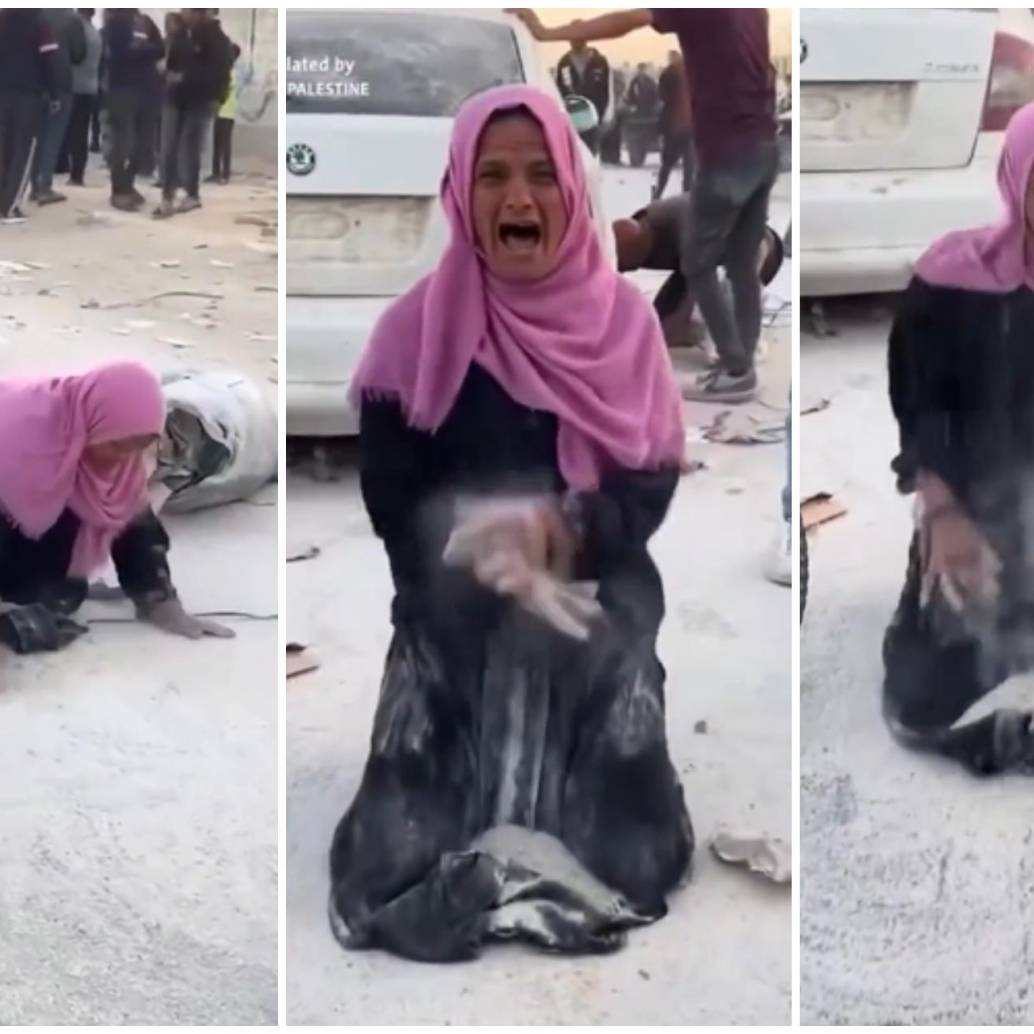 Secuencia de como esta madre intenta recoger lo poco limpio de la harina entre la tierra para tener con que alimentar a sus hijos en Gaza. FOTOS: Captura de video redes sociales @DaniMayakovski