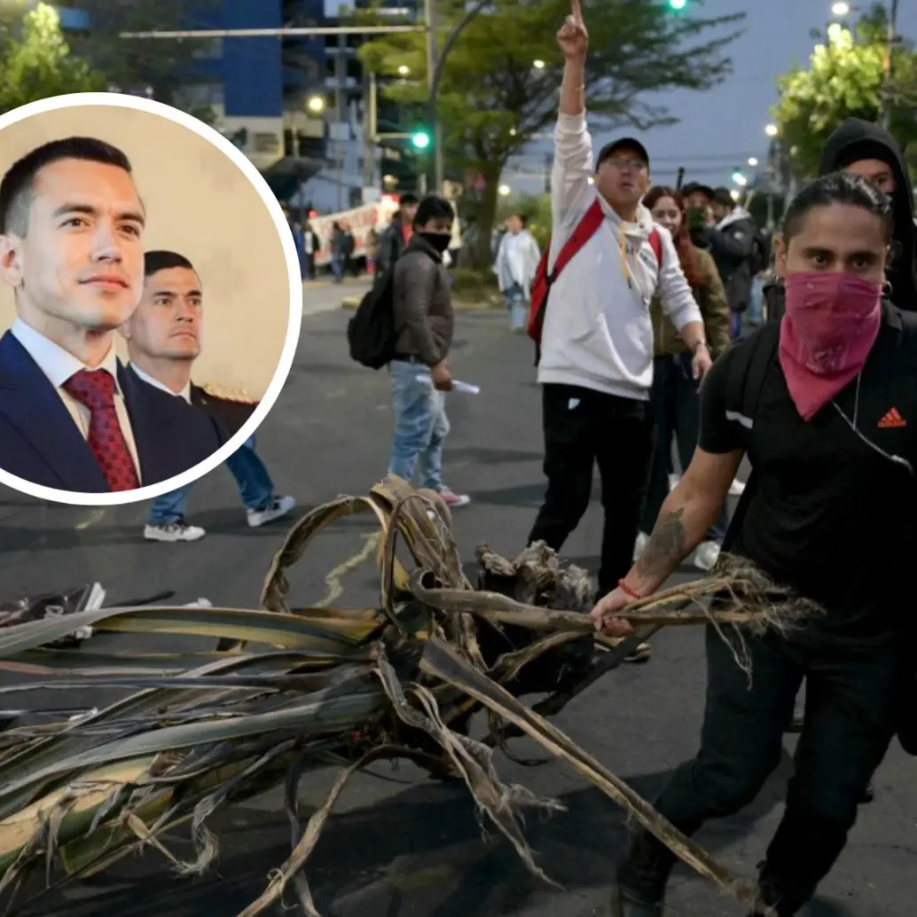 El presidente de Ecuador, Daniel Noboa, denunció a la banda transnacional Tren de Aragua de financiar la masiva protesta indígena contra su gobierno. FOTO: Redes sociales @DanielNoboaOk y AFP