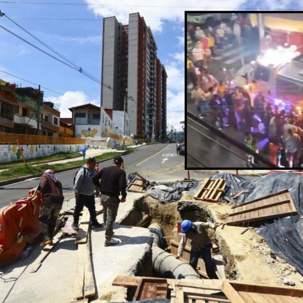 Adelante, filas de usuarios buscando un poco de agua en los carrotanques enviados por EPM a Itagüí. Atrás, las obras en el corredor de La Ferrería. Foto: Manuel Saldarriaga Quintero.
