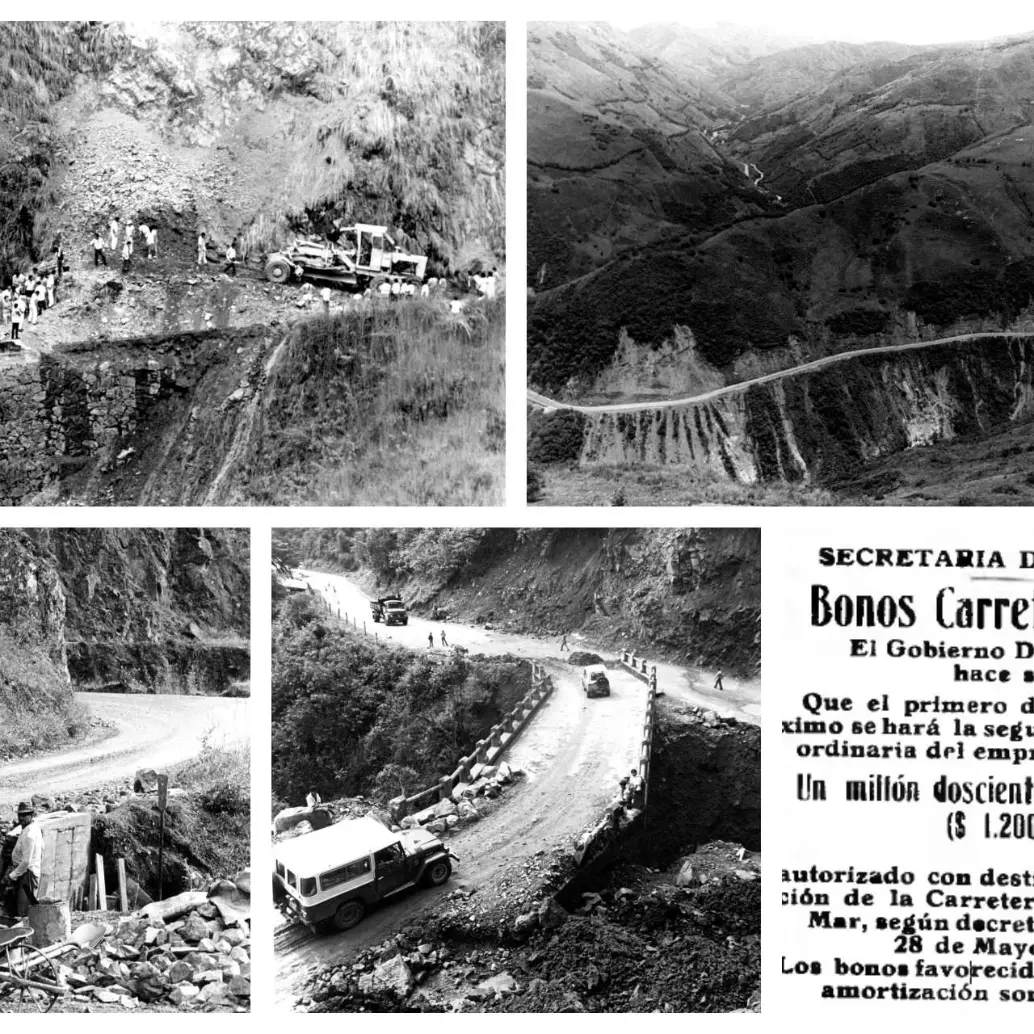 Imágenes de la carretera al Mar en los años 80. La imagen de la esquina inferior izquierda corresponde a una campaña de 1927. FOTOS <b><span class="mln_uppercase_mln">Archivo CIP El Colombiano</span></b>