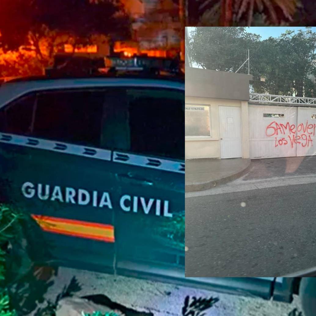 El atentado contra Roberto Vega Daza ocurrió en Valencia, España. Foto Cortesía Guardia Civil. Foto detalle: grafiti pintado en la casa de los Vega Daza en Barranquilla