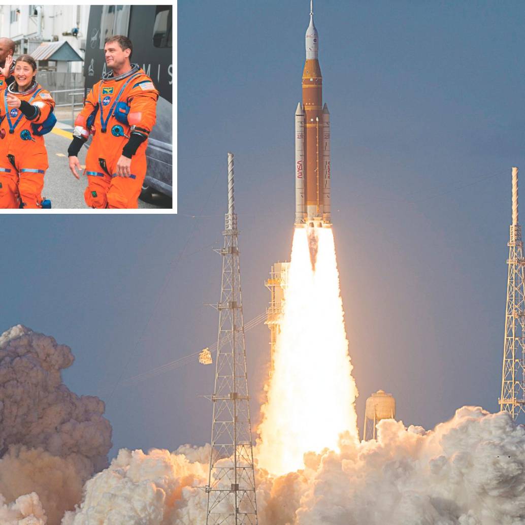 Los cuatro astronautas a su llegada a la zona de lanzamiento y finalmente el despegue del cohete SLS hacia la Luna. FOTOS Getty