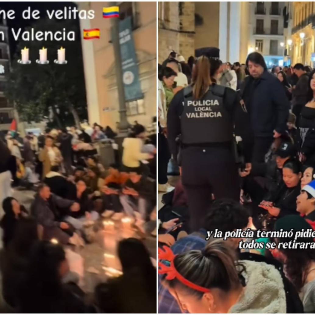 Una gran cantidad de colombianos celebrando el día de las velitas en la Plaza de la Virgen en Valencia, España. FOTO: Captura video redes sociales @soypaomorenooo