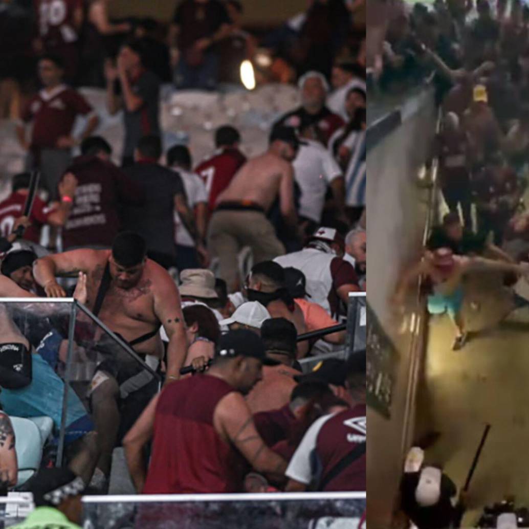 Hinchas de Lanús se enfrentaron a policías brasileros quienes trasladaron una gresca iniciada en los baños hasta las gradas. Fotos: Capturas de videos. 