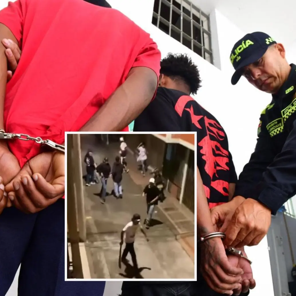 Adelante, imagen de referencia de una riña a machete. Atrás, los capturados por la Policía. FOTO: Cortesía MEVAL e imagen tomada de redes.