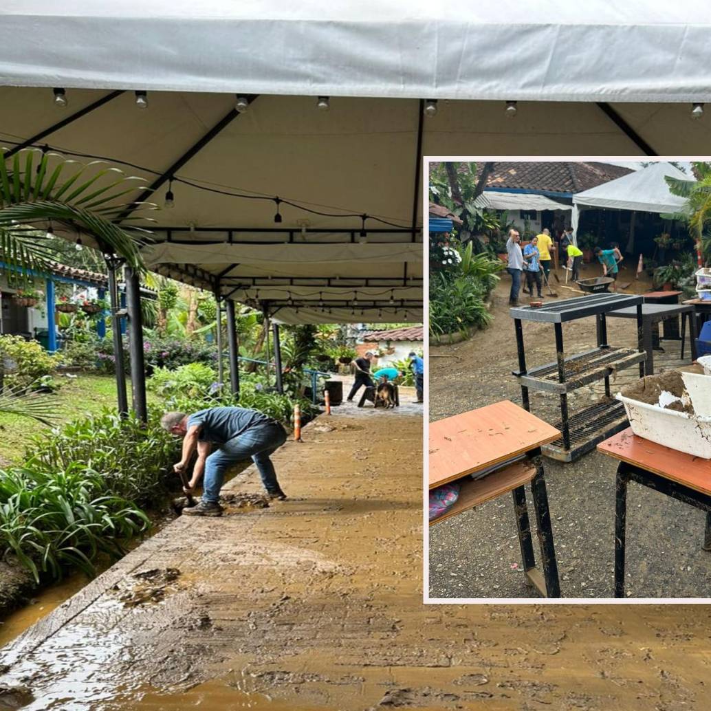 Adelante: el agua y el lodo afectaron las instalaciones del colegio. Atrás, empleados de la institución retiran lodo con palas. FOTO: Cortesía.