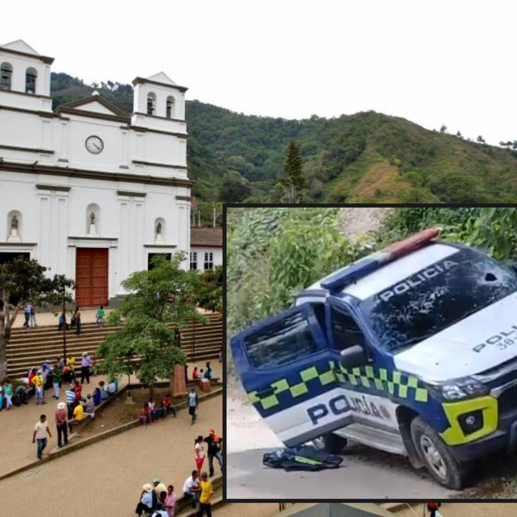 Adelante, la patrulla atacada a tiros. Atrás, el parque de Buriticá Foto: Juan Antonio Sánchez Ocampo y Denuncias Antioquia