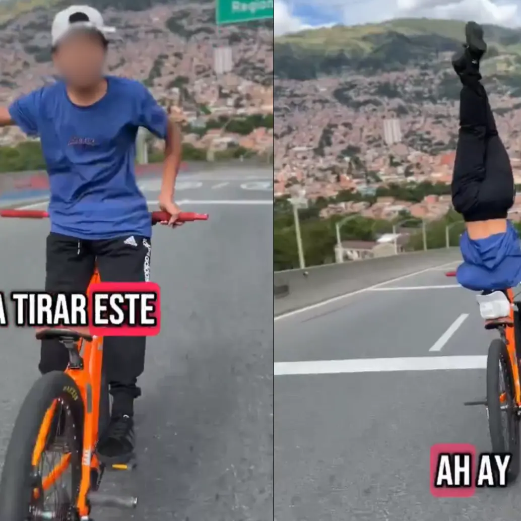 Joven hace acrobacias en una bicicleta en el puente de la Madre Laura. FOTOS: TOMADAS DE REDES SOCIALES.