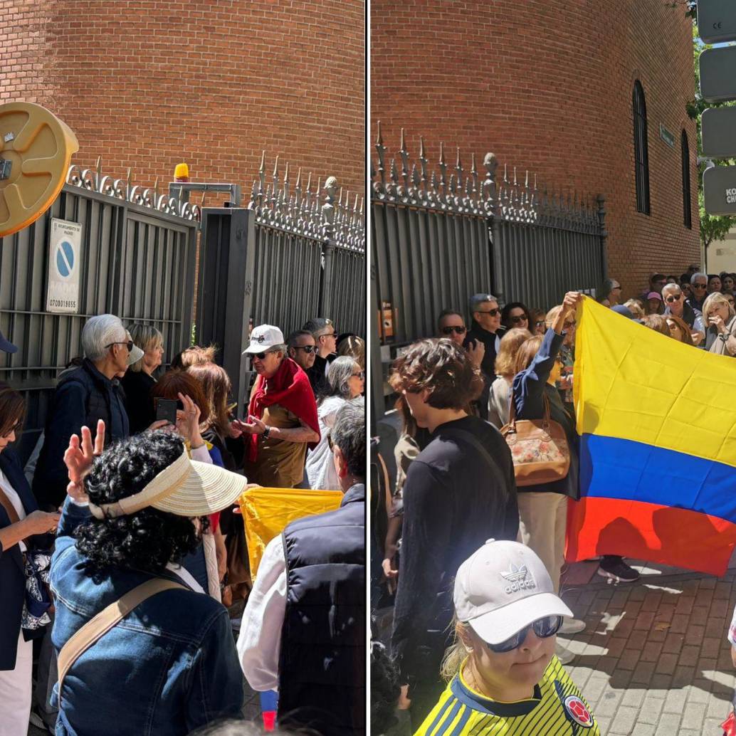 <b>Ciudadanos</b><b> a las afueras de la embajada de Colombia en Madrid, España, se unieron a las protestas en contra del Gobierno. FOTO: TOMADA DE X (TWITTER) tatoquevedo</b>