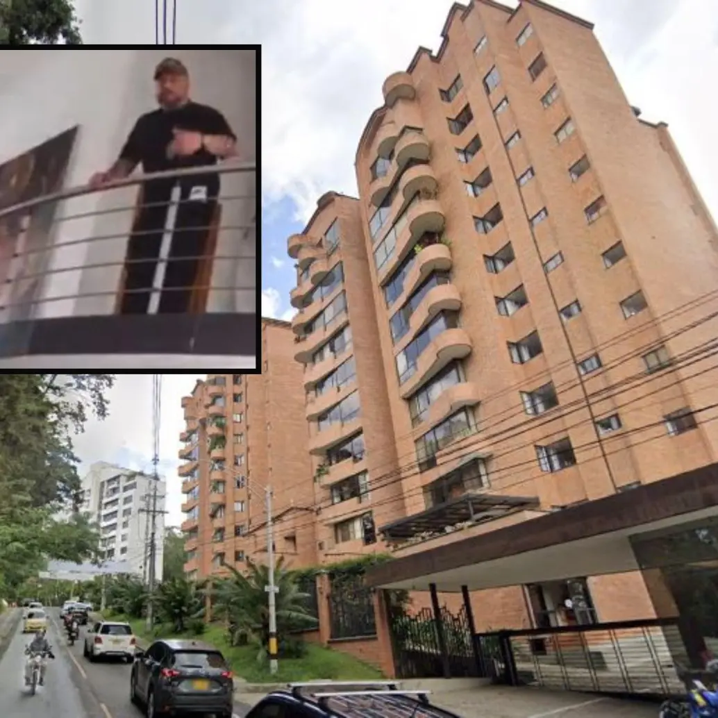 Adelante, desalojo del apartamento ocupado por Carlos Escobar Marín. Atrás, ubicación del edificio en El Poblado. FOTO: Imagen tomadas de redes y de GoogleMaps.