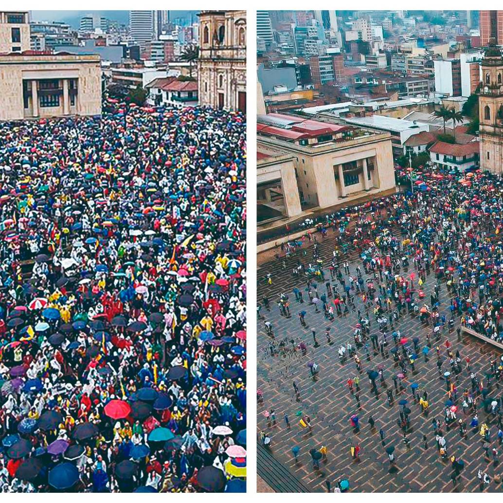 Petro intentó relativizar el alcance de las movilizaciones publicando en X dos fotos contrastantes de la Plaza de Bolívar: una llena y otra parcialmente ocupada bajo la lluvia. <b><span class="mln_uppercase_mln"> </span></b>FOTO<b><span class="mln_uppercase_mln"> @petrogustavo</span></b>