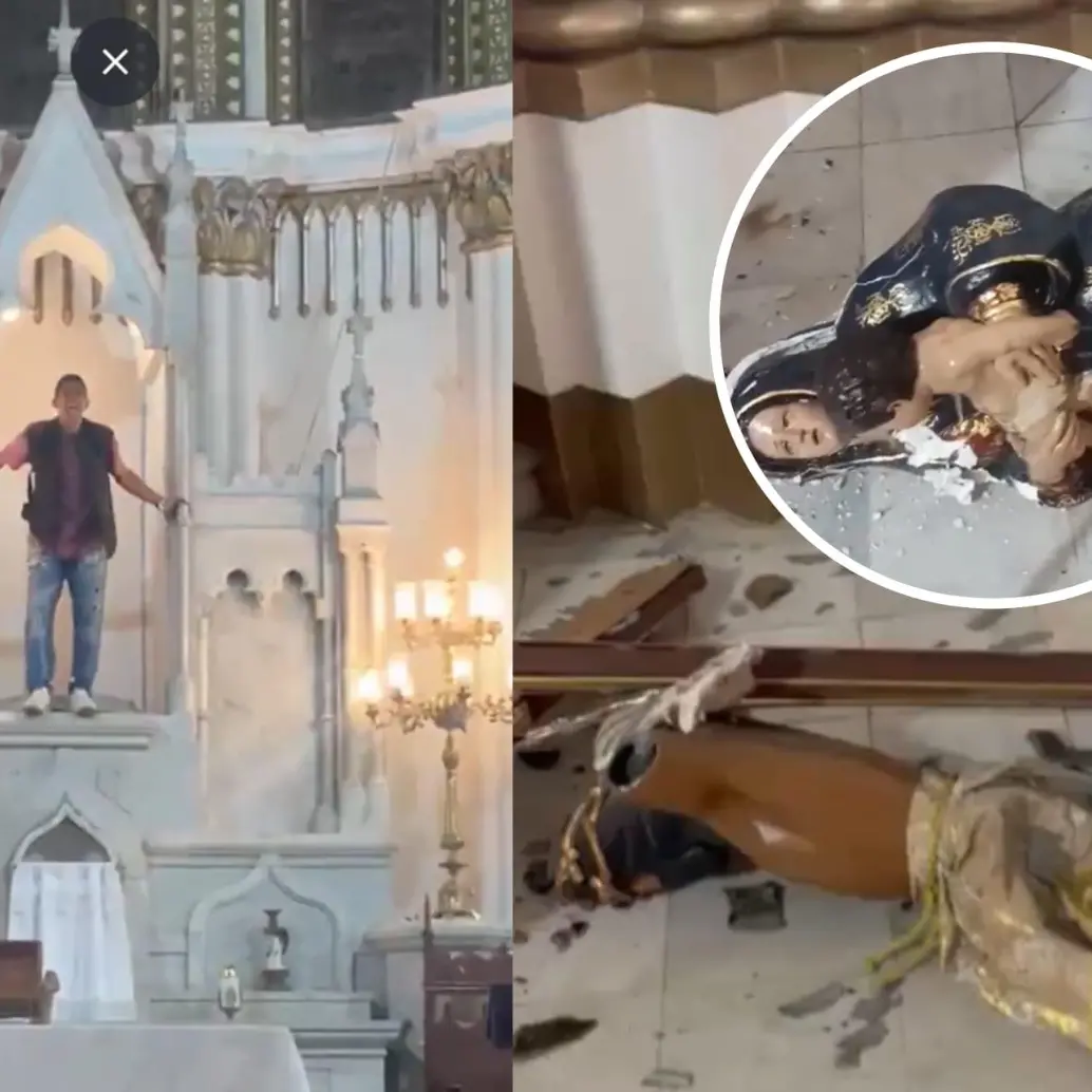 “<b>El diablo está acá, lo tienen en frente, arrepiéntanse</b>”, hombre durante el ataque, en medio de la destrucción de las imágenes religiosas al interior de la Iglesia La Ermita, en Cali. Foto: captura de video redes sociales