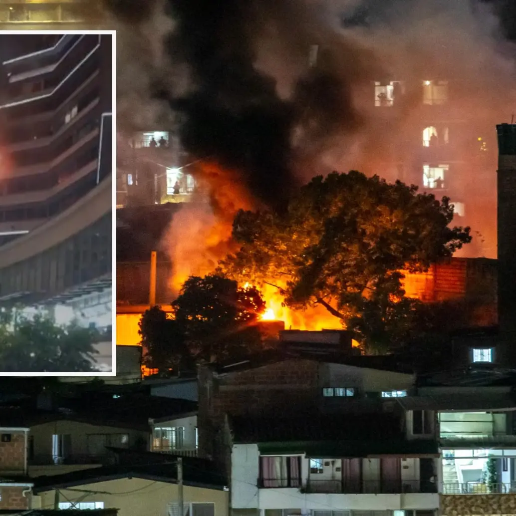 Adelante, la deflagración en el centro de Medellín. Atrás, el fuego expandiéndose al sur de Itagüí. FOTO: Cortesía Denuncias Antioquia y Juan Sánchez.