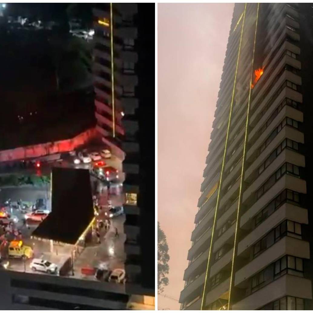 Bomberos Medellín controlaron el incendio registrado en el piso 14 de un edificio en La Asomadera este 7 de diciembre. FOTOS tomadas de Twitter 