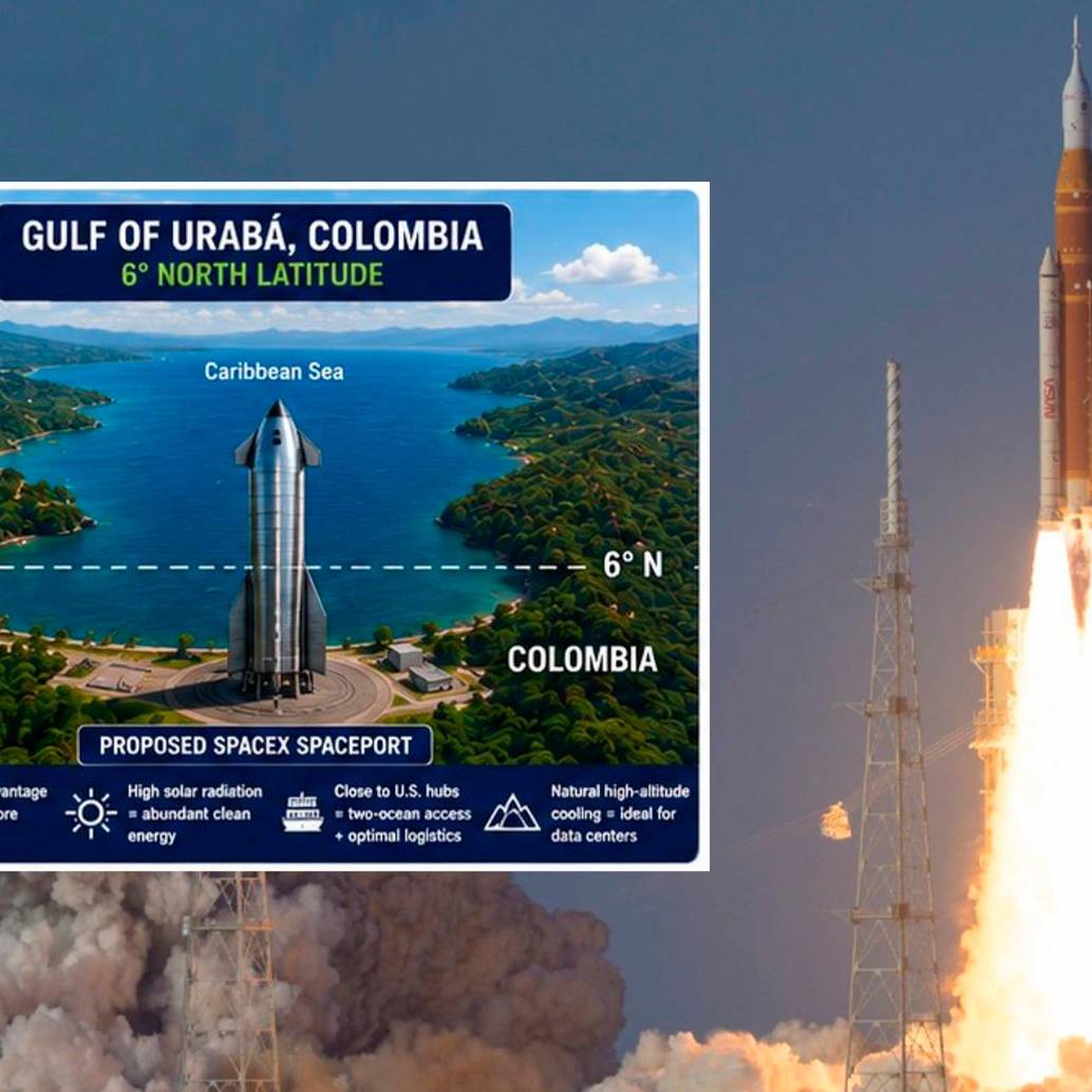 Imagen de referencia de un cohete saliendo hacia el espacio exterior y una recreación publicada en X. FOTO: GETTY y @holdmybirra en X