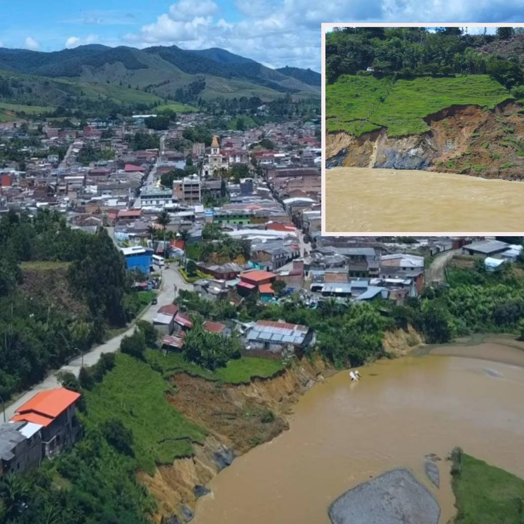 Adelante, la socavación ya casi afecta una de las vías de acceso. Atrás, toma aérea de la emergencia. FOTO: imagen tomada de redes