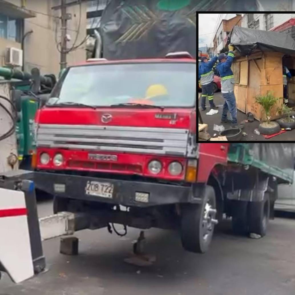 Adelante, uno de los “cambuches” desmontados por funcionarios de la Alcaldía. Atrás, un camión inmovilizado. FOTO: Cortesía