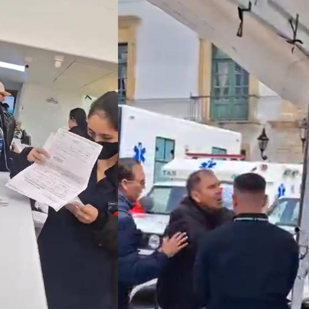El ministro de Salud estaba entregando unas ambulancias en Tunja, por eso Rodolfo Valderrama decidió ir a reclamarle. FOTO: CAPTURA DE PANTALLA VIDEO DE REDES SOCIALES.