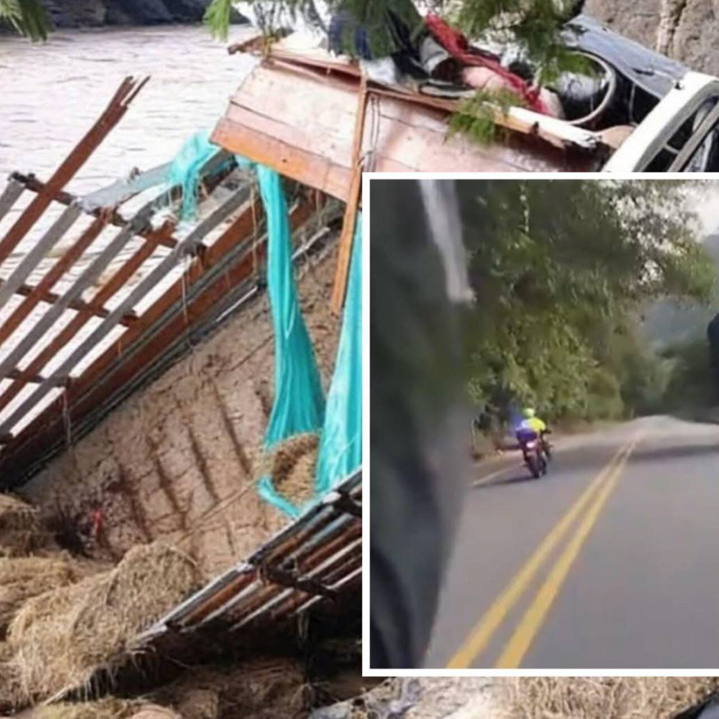 El camión tomó un rumbo abrupto hacia la derecha y rodó por un pronunciado abismo pese a las advertencias de la Policía. Fotos: Cortesía y captura de video.