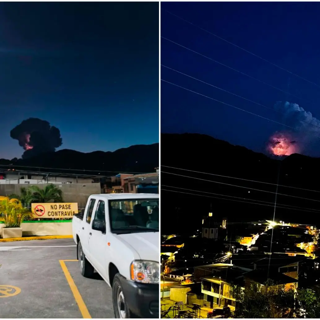 Así se veía el curioso fenómeno ocurrido en el volcán Nevado del Ruiz en la noche de este 25 de junio. FOTO: Cortesía SGC