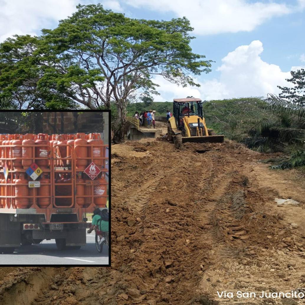 Adelante, imagen de referencia de un vehículo de transporte da gas. Atrás, obras realizadas en Urabá para la llegada de los camiones con el combustible Foto: Manuel Saldarriaga Quintero y Cortesía.