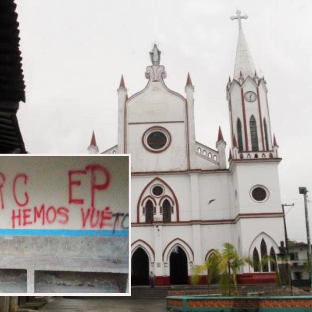 Adelante, uno de los graffitis dejados en la incursión de Nariño. Atrás, iglesia de este municipio. FOTO: Archivo EL COLOMBIANO