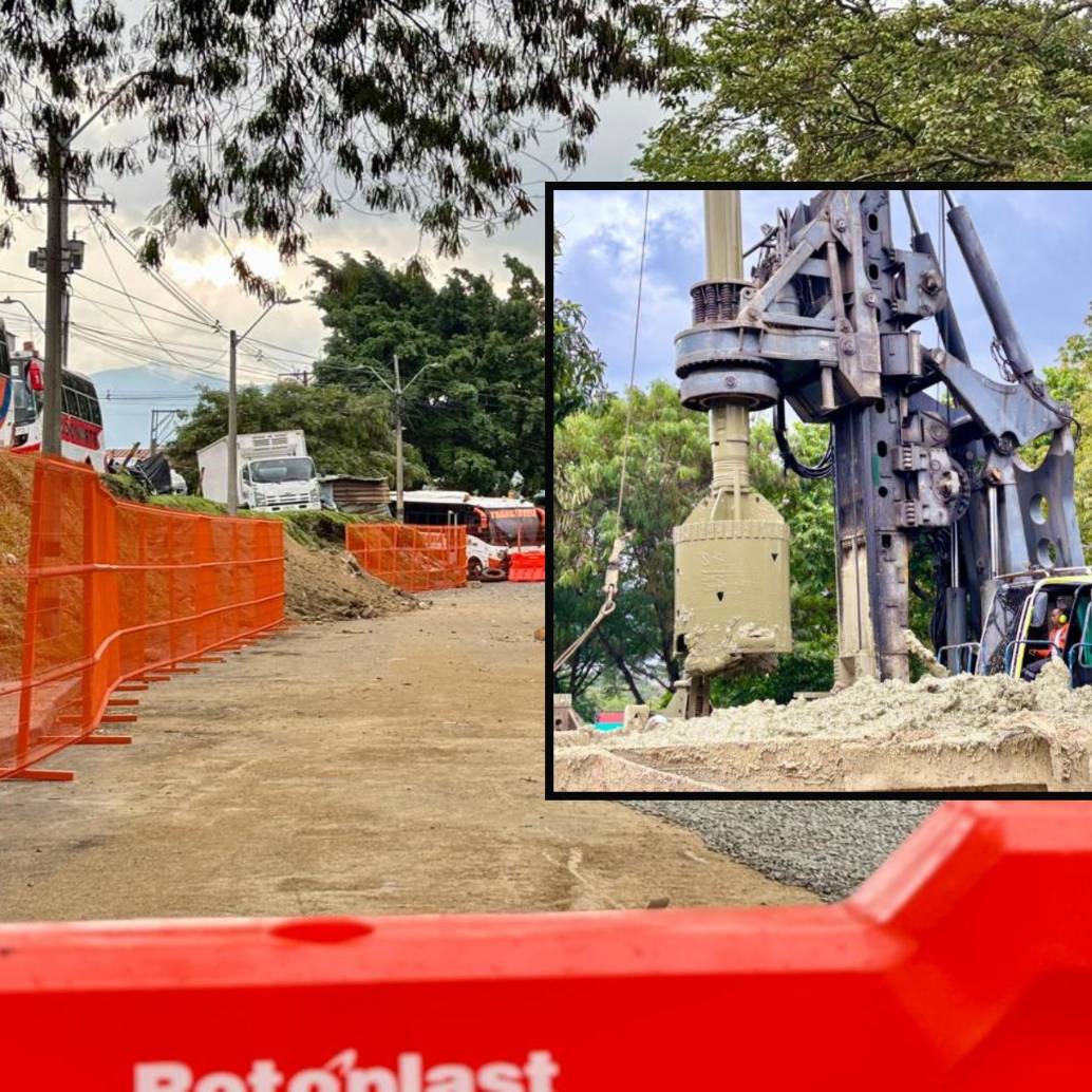 Adelante, una de las máquinas usadas para la cimentación de la estructura. Atrás, el cierre vial en el barrio Caribe. FOTO: Cortesía
