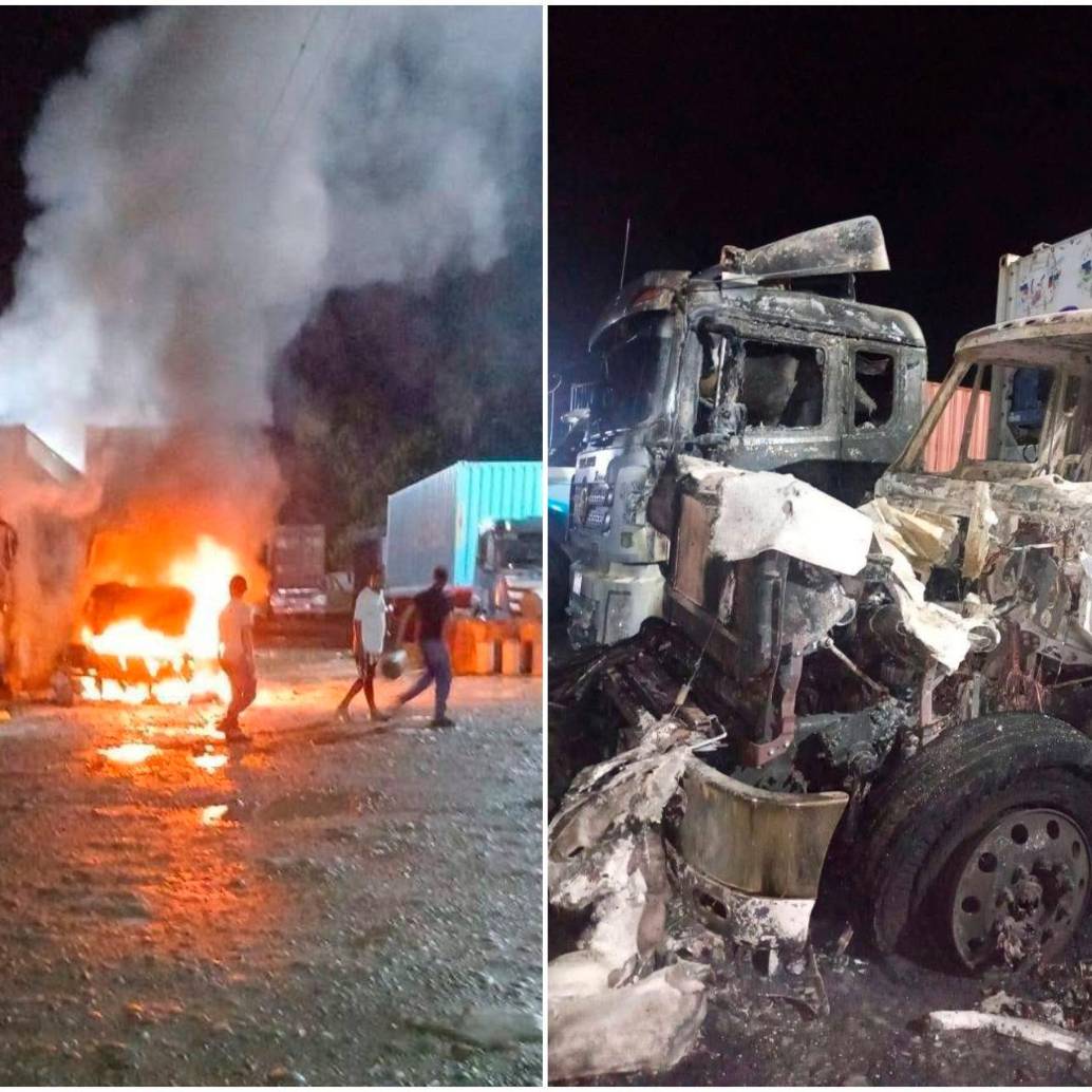 Dos de los seis vehículos fueron quemados en un parqueadero sobre la vía. FOTOS: Tomadas de X @hernandolozano 