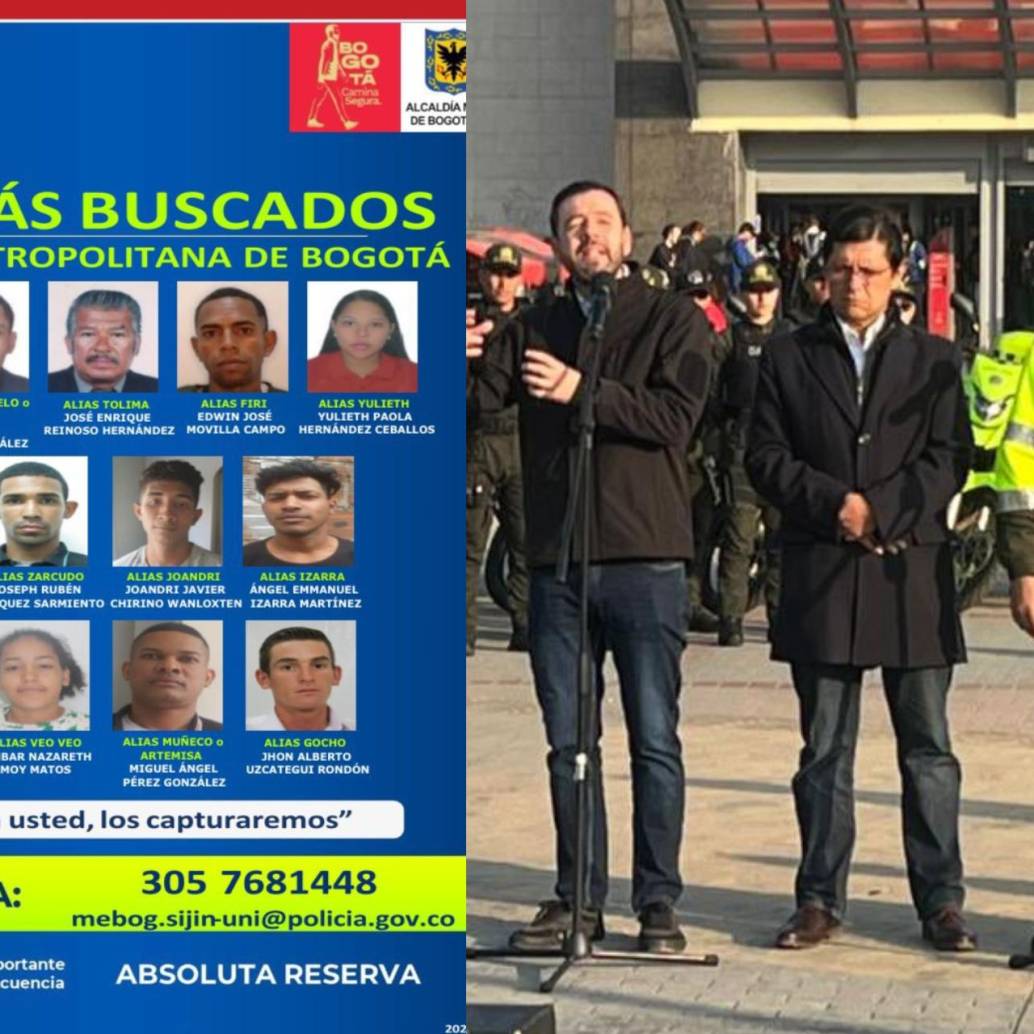 El alcalde de Bogotá, Carlos Fernando Galán, y el comandante de la Policía Metropolitana de Bogotá, general José Daniel Gualdrón, dando a conocer el cartel de los más buscados de la capital. FOTO: Policía Metropolitana de Bogotá