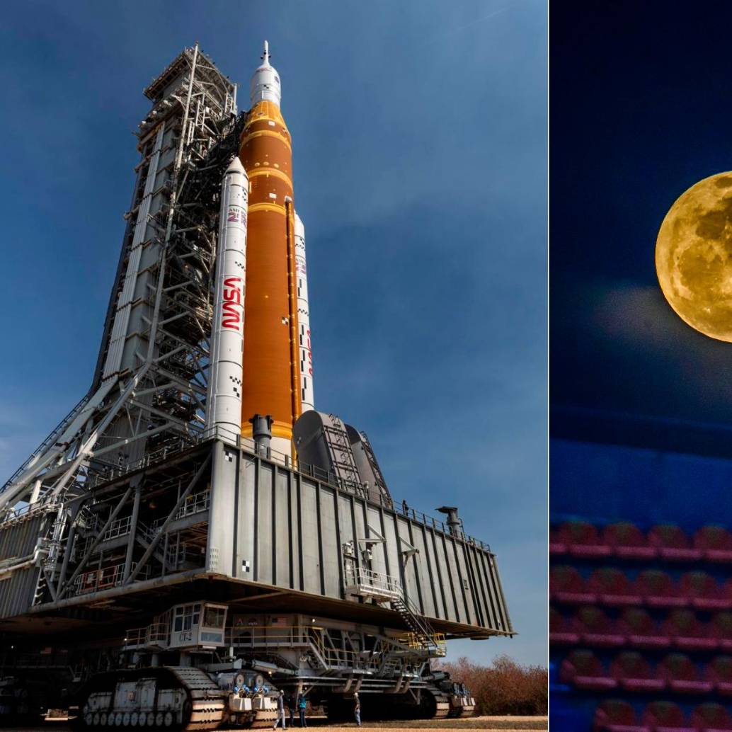 A la izquierda vemos el llamado transportador de orugas 2 de la Nasa, que transporta el cohete Artemis II SLS (Sistema de Lanzamiento Espacial) con la nave espacial Orión fijada al lanzador móvil 1. La idea es que Artemis II le dé una vuelta a la Luna este año. FOTO Cortesía Nasa/Cory S Huston y Camilo Echevery.