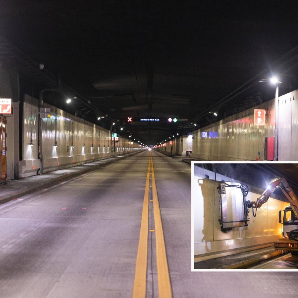 El túnel de Oriente y uno de los trabajos de limpieza al interior de la estructura. FOTO: Cortesía