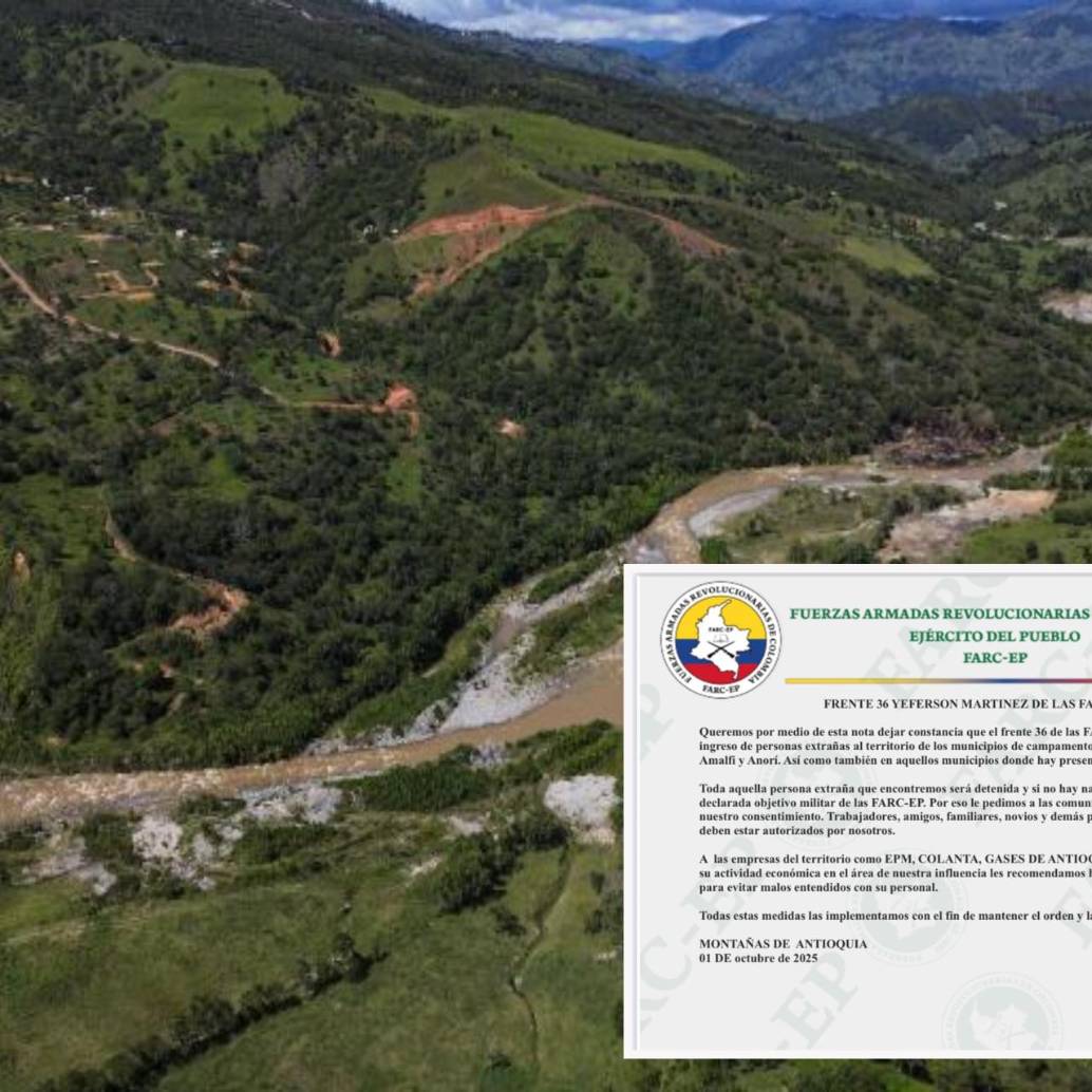 Adelante, el panfleto que sería publicado por las disidencias de las Farc. Atrás, paraje del Norte de Antioquia. FOTO: Manuel Saldarriaga y cortesía Denuncias Antioquia