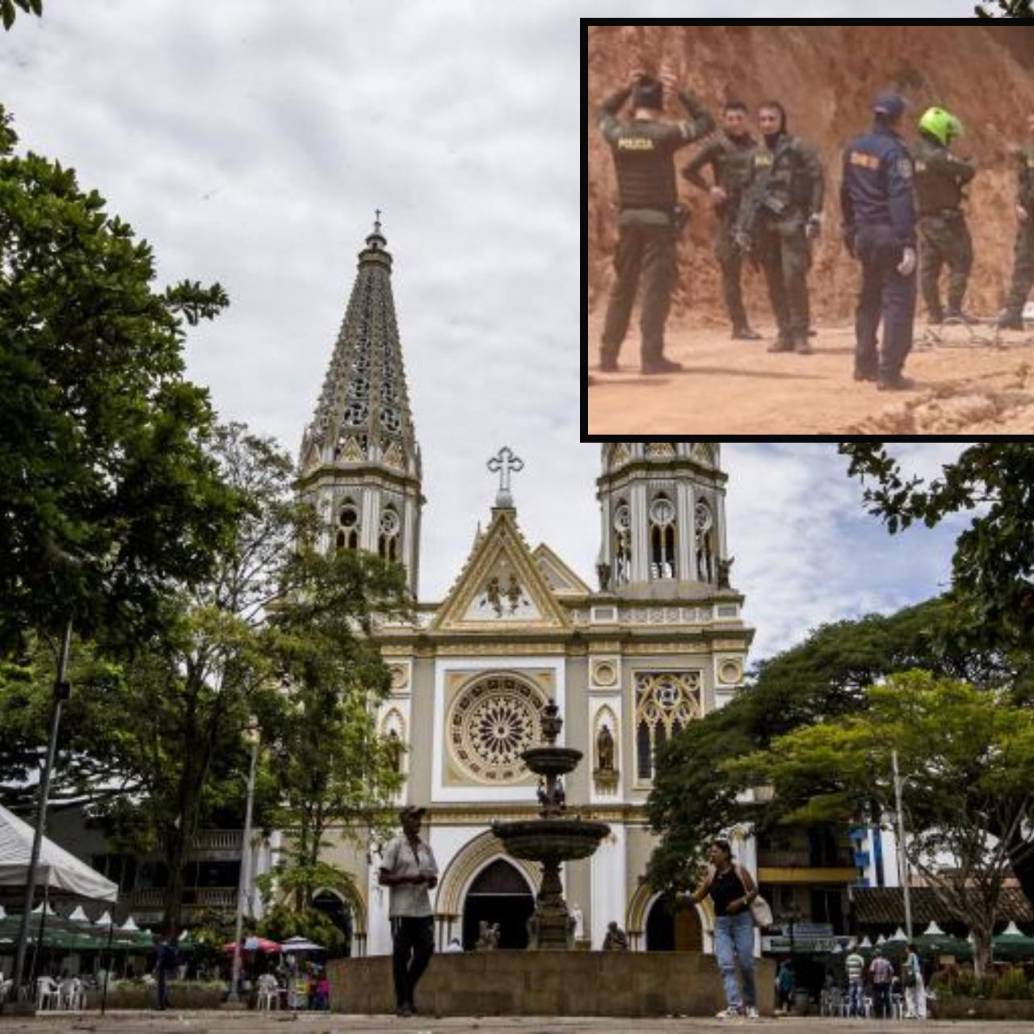 Adelante, agentes de Policía y bomberos durante el rescate del cuerpo de la víctima. Atrás, imagen del parque del municipio de Andes. Foto: Julio César Herrera Echeverri y cortesía.