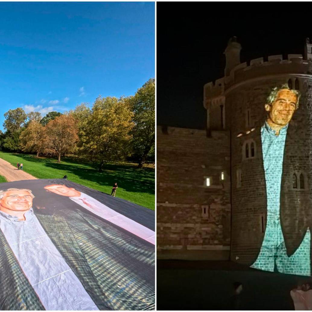 Estas son algunas de las imágenes de Epstein y Trump que fueron proyectadas en el castillo de Windsor en Londres. FOTOS: Tomadas de X @MissAlly_01 y @DJJudd