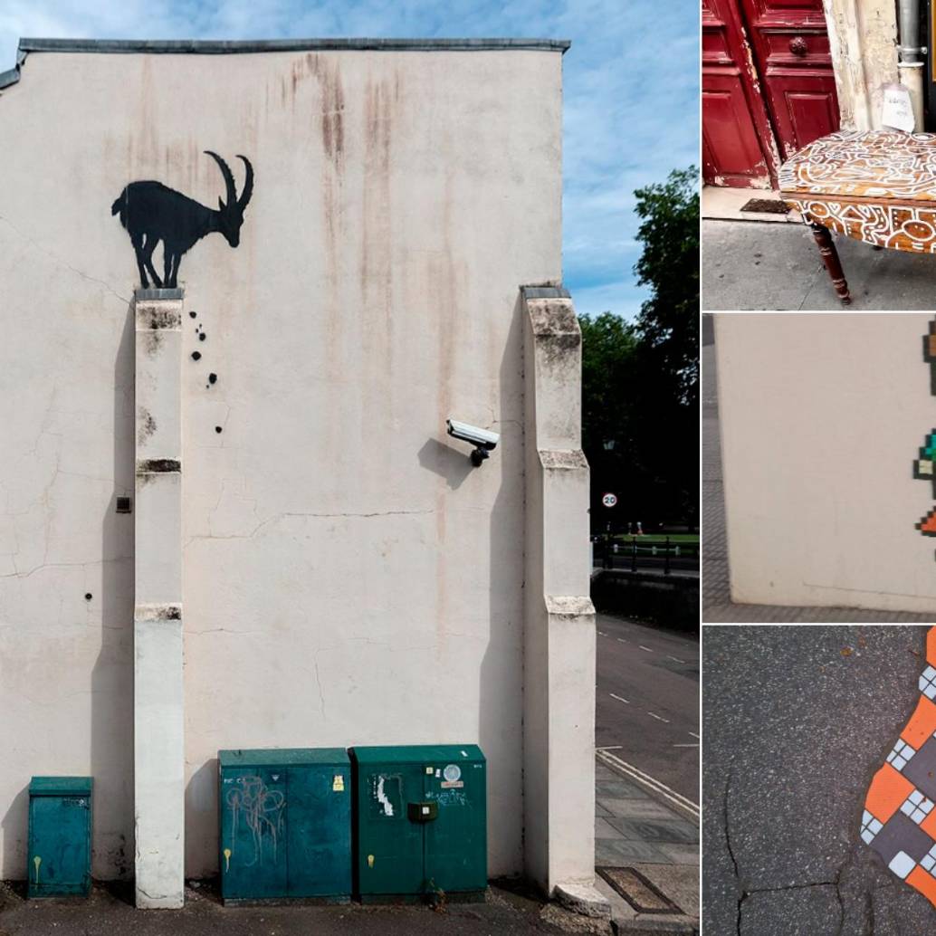 A la izquierda una de las obras de Banksy, a la derecha tres artistas callejeros que también son incognitos. FOTOS Instagram @banksy, @ouestled, @mr.bad.tiles y @ememem.flacking
