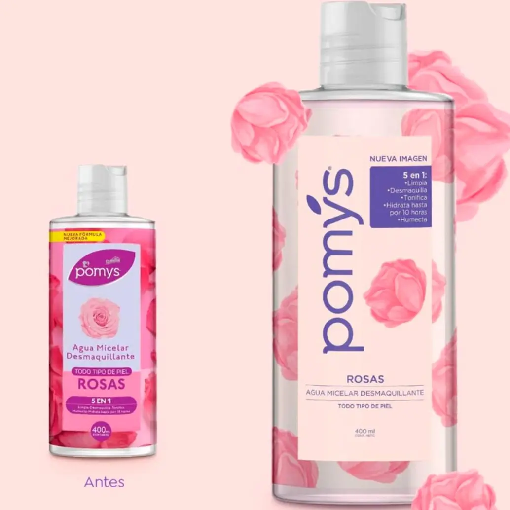 La presentación antes y después del producto Agua Micelar Rosas de Pomys. FOTO: Tomada de Instagram @pomystecuida