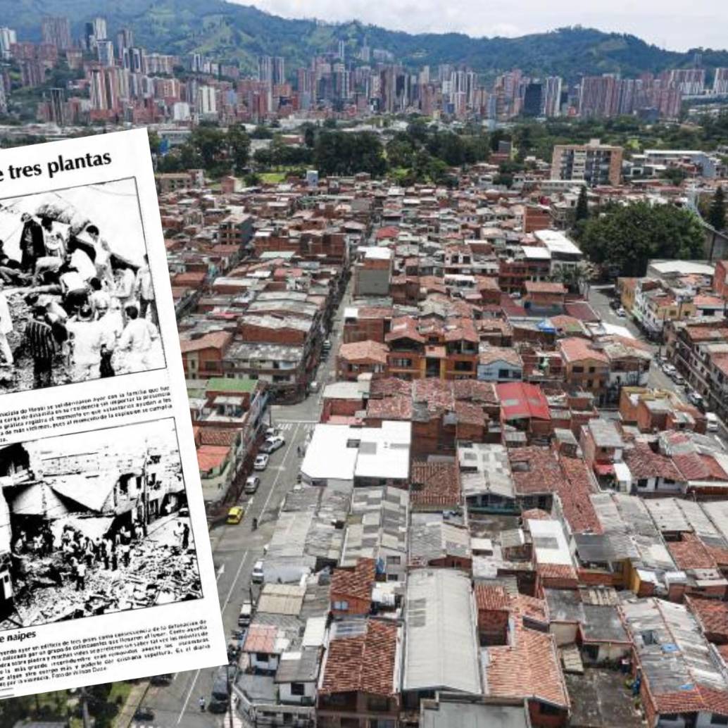 Adelante, archivo de periódico del atentado del barrio San Pío X. Atrás, panorámica de este sector de Itagüí en la actualidad. FOTOS: Manuel Saldarriaga Quintero y Archivo EL COLOMBIANO